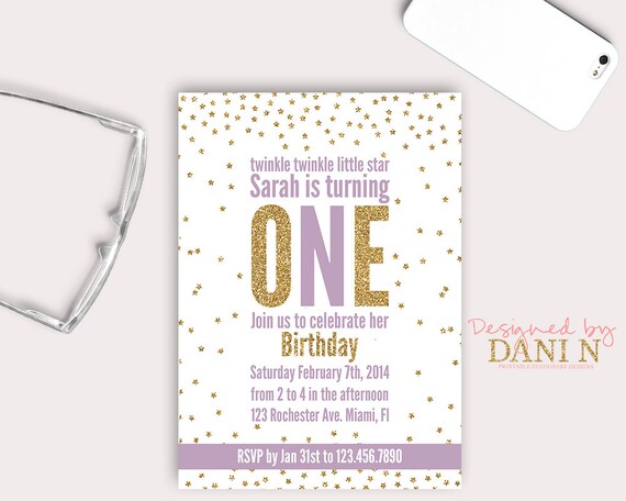 Twinkle twinkle little star birthday invitation, Gold Purple printable party invite, Star girl Glitter First Birthday, Twinkle Two Il_570xn