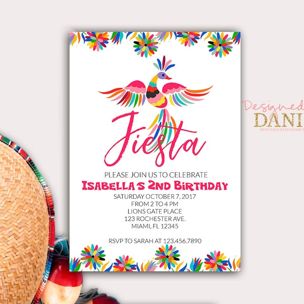 Mexican Fiesta Birthday Invitation, floral quinceañera, Fiesta Sweet Sixteen Invite, Colorful Party invite, mexican embroidery floral bird