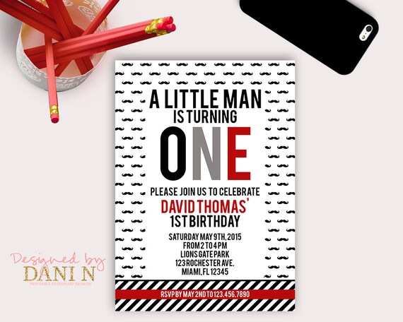 Mustache Little Man Birthday Invitation, boy party, moustache printable invite, black, red and gray, stripes little man party, printable Il_570xn