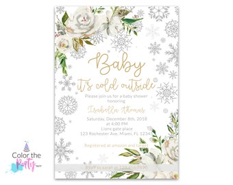 Baby Shower Invitation - Baby It's Cold Outside Gender Neutral - White floral Floral Holiday Shower, Snowflake Glitter Winter Roses