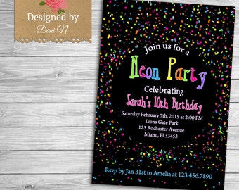 Neon party birthday invitation, confetti birthday invite, printable party, neon disco, birthday invite