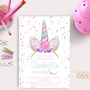 Unicorn Birthday Invitation, Magical Unicorn Invite, Unicorn Theme Bday, Unicorn Invitation Whimsical Dream Pink Gold Rainbow Unicorn Party image 1