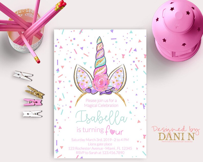 Unicorn Birthday Invitation, Magical Unicorn Invite, Unicorn Theme Bday, Unicorn Invitation Whimsical Dream Pink Gold Rainbow Unicorn Party image 1