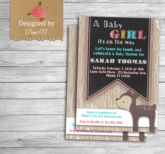 woodland baby shower invite, baby deer, rustic party invite, wooden deer, printable diy vintage, pink, chalkboard animals party Il_570xn