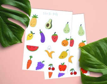 Kawaii fruit sticker Sheet, Cute Fruit vinyl stickers, food stickers, lemon decal, journal or laptop sticker, planner stickers, waterproof