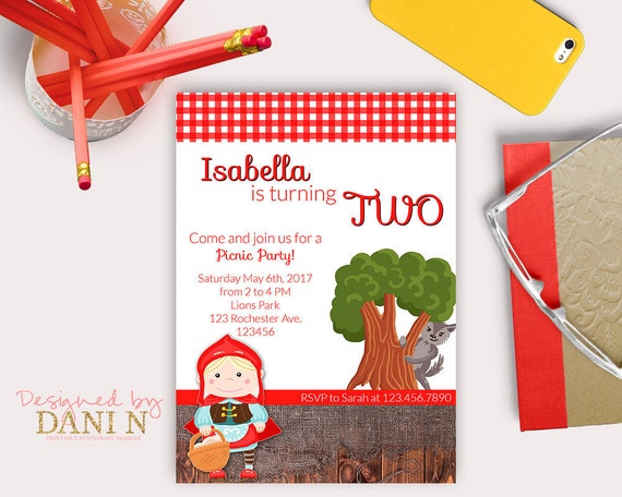 Picnic Birthday invitation, Little Red Riding Hood, Fairytale printable invite, Red rustic party, Any Age Birthday Party, Picnic Disney DIY Il_570xn