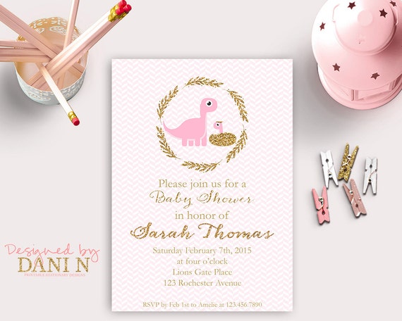 Dinosaur Baby shower invitation, pink girl shower invite, baby dinosaur party, its a boy, its a girl, pink and gold, baby shower party Il_570xn