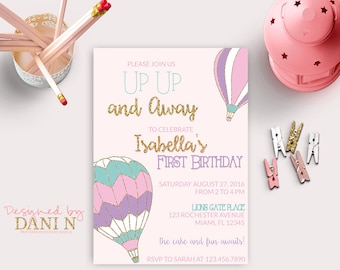 Up Up and Away Birthday Invitation, 1st Birthday Hot Air Balloon Invite, Pink and Purple Party Invitation, Balloon Invitation, Gold Glitter