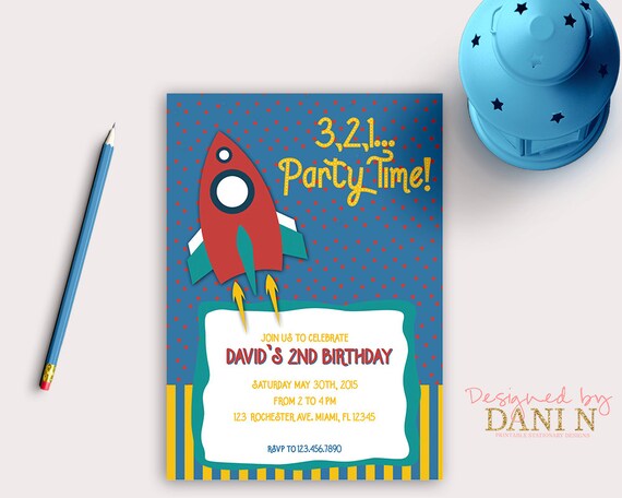 Rocket birthday invitation, space party invite, blue red rocket science celebration, kids space stars birthday invite, printable diy Il_570xn