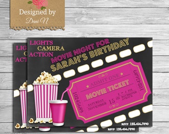 Movie birthday invitation, movie night party invite, outdoor printable movie birthday party, popcorn and soda invite movie, pink girl invite