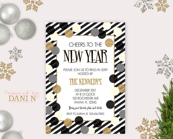 New Years Eve Party Invite, 2018 Holiday Invitation, Polka Dots Holiday, Gold glitter, black stripes party printable diy, Happy New Year! Il_570xn