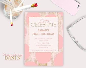 polka dots birthday invitation, pink and glitter birthday invite, first birthday, gold glitter, printable diy party, girl birthday, cute