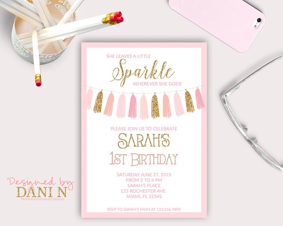 pink and gold Birthday Party INVITATION, glitter sparkle printable invite, tassel princess, she leaves a little sparkle wherever she goes Il_570xn