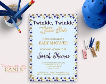 Twinkle Twinkle Boy Baby Shower Invitation, Blue Twinkle little star Baby Shower Invite, gold Glitter its a Boy, Shabby elegant invite