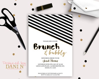 black and white Bridal Shower Invitation, deco brunch and bubbly, stripes modern invite, gold glitter, modern shabby printable diy