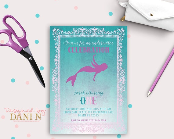 Mermaid Birthday INVITATION, Teal Pink Purple printable invite, Under the Sea Ombre summer, Shabby Chic Pool Party, Vintage, Teal Birthday Il_570xn