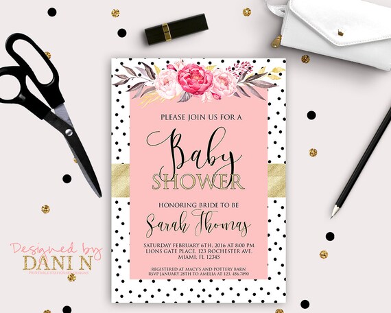 Floral Pink Baby Shower Invitation, girl baby shower invite, Polka Dots, Gold and black, shabby chic party invitation, pink printable diy Il_570xn