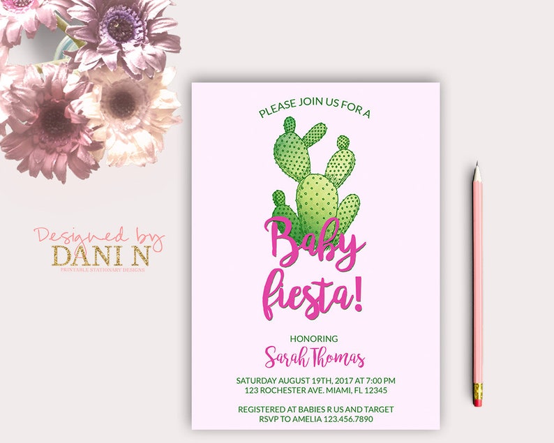 Cactus Baby shower invitation, Fiesta Shower, Pink Baby invite, Taco Party, Girl Shower Baby, Mexican Fiesta Invitation image 1