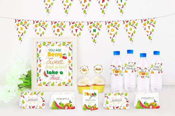 Tutti Frutti Party Kit, Fruit Summer Birthday printable kit, Cupcake toppers, water labels, Banner, Fruit pool party, picnic invitation Il_570xn