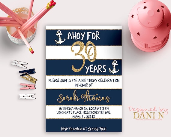 Nautical Birthday INVITATION, 30th Gold glitter invite, Any Age, 50th Birthday invitation, 40 Birthday invitation, Adult birthday party Il_570xn