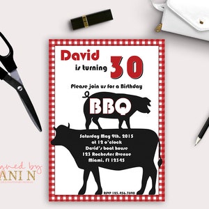 BBQ 30th birthday party, adult invitations, 40th birthday invite, 50th party, cow and pig grill invite, bbq grill party, printable diy image 1