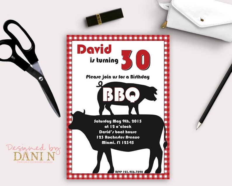 BBQ 30th birthday party, adult invitations, 40th birthday invite, 50th party, cow and pig grill invite, bbq grill party, printable diy image 1