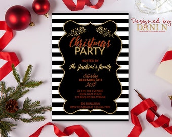 Christmas Party Invitation, Black Stripes, Holiday Invitation, xmas invitation, Xmas Party Invite, Christmas Invite, Printable Holiday party