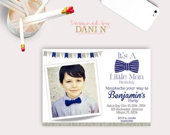 Little Man Birthday Invitation, Mr. Onederful Party, Bowtie Invite, Bow tie Mr Wonderful, mustache Little Gentlemen invite, Mustache Navy