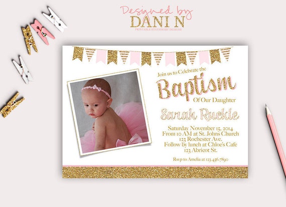 Pink Baptism Invitation; Gold Glitter Christening, catholic baptism; Bautizo, First Communion, Photo Invite, Girl Party, Child of God Il_570xn