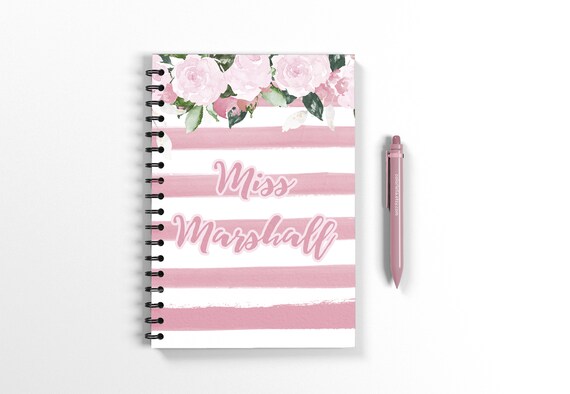 Floral Teachers Day Notebook, Custom Name Pink ,Personalized sketchbook, Roses Journal, Spiral Notebook, Lined notebook, Blank sketch book Il_570xn