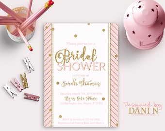 Pink Gold Bridal Shower Invitation, Pink Stripes Invite, Pink Shower, Engagement Party, Brunch and Bubbly Pink, Bubbly Shower, Bridal Tea