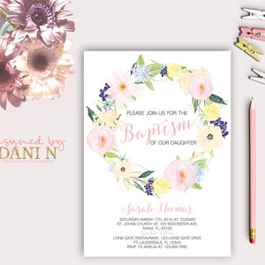 floral Baptism Invitation Christening, catholic baptism girl pink spring baptism invitation, Bautizo, printable diy image 1