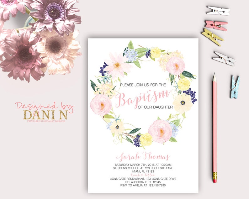 floral Baptism Invitation Christening, catholic baptism girl pink spring baptism invitation, Bautizo, printable diy image 1