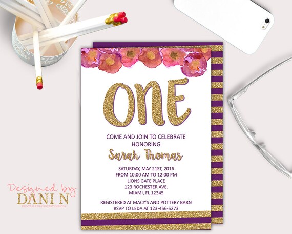 Floral Purple Invitation, Girl Stripes invite, Gold Lilac Grey Girl First Birthday, Pink flowers, Party Cute 1st Birthday Printable DIY Il_570xn