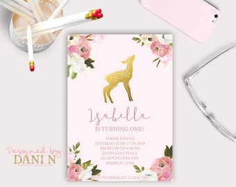 Deer Birthday Invitation, Girl Woodland Invite, Boho Floral Invitation, First birthday invitation, Floral Invite, Deer invitation, Printable