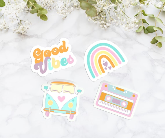 Retro waterproof sticker, Good vibes vinyl stickers, Cassette vinyl decal, retro van decal, Sticker for laptop, planner stickers, Rainbow Il_570xn