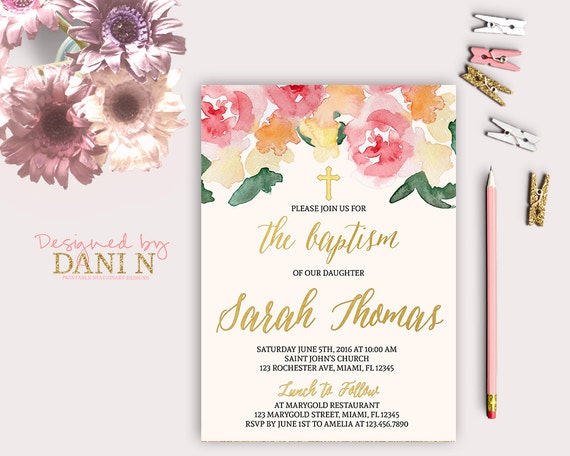 Gold floral Baptism Invitation; Christening, Roses Baptism invite; girl vintage baptism Party invitation, Invitación Bautizo, printable diy Il_570xn