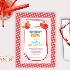 Mason Jar Picnic Birthday Invitation, Red White summer picnic, Floral Invite, Picnic in the park party, Masha mason jar invite, 1st birthday image 1