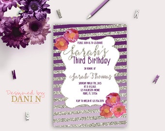 Girl Birthday Invitation, silver glitter birthday invite, Orchid floral party, ombre invitation, stripes floral birthday, printable diy