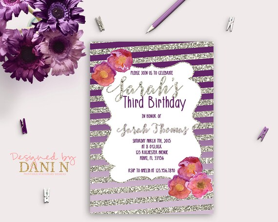 Girl Birthday Invitation, silver glitter birthday invite, Orchid floral party, ombre invitation, stripes floral birthday, printable diy Il_570xn