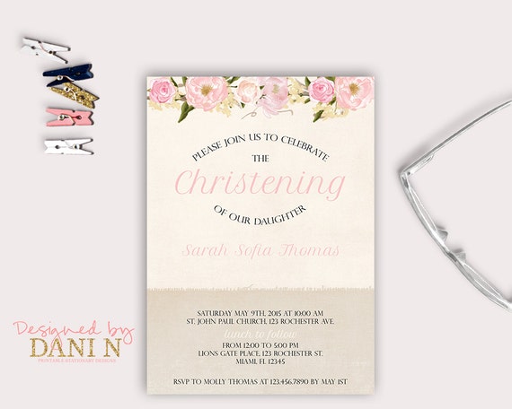 Floral vintage baptism invitation, christening chic invite, bautizo, printable diy, baptism party and celebration, roses baptism party Il_570xn