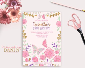 Garden Birthday Invitation, 1st Birthday Butterfly Invite, Pink and Purple Party Invitation, Floral Garden tea Party, butterfly Glitter