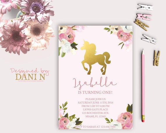 Pink Floral Birthday invitation, Unicorn birthday invite, Pink and Gold printable party, Roses Floral Invitation, sparkle girl Horse Party Il_570xn