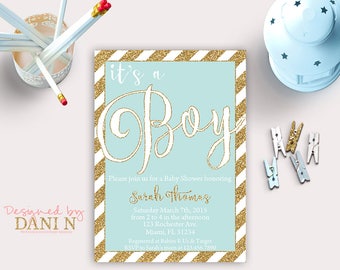 Boy Baby shower invitation, Blue and gold glitter stripes, baby party, printable diy, baby blue, shabby prince party shower party,
