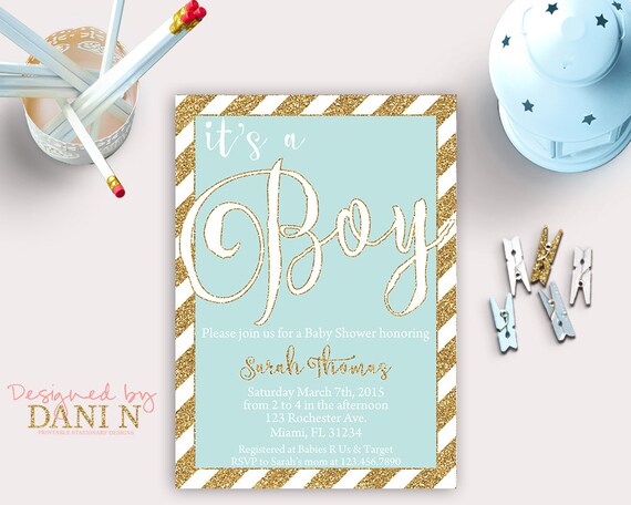 Boy Baby shower invitation, Blue and gold glitter stripes, baby party, printable diy, baby blue, shabby prince party shower party, Il_570xn