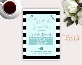 Kitchen Bridal Shower invitation, pampered chef cooking, Stock the  kitchen shower invite, Black stripes, recipe shower, bridal party