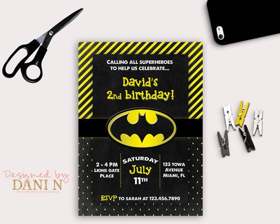 Batman Birthday Party invitation, black and yellow printable invite, chalkboard superhero invitation, stripes and dots Lego batman invite Il_570xn