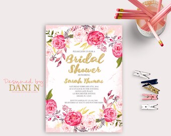 Pink Roses Bridal Shower Invitation, Floral Party Invite, Bridal Brunch invite, Engagement and Bachelorette party, Floral Shower, Printable