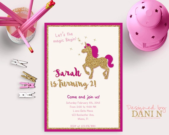 Unicorn birthday invitation, Magical birthday invite, Pink and Gold glitter printable party, Hot Pink Invitation, DIY sparkle girl Il_570xn