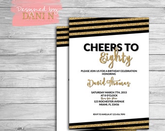 Adult Birthday INVITATION, 80th birthday invite, adult party, Black and gold, 50th Birthday invitation, gold glitter, 60th adult, any age